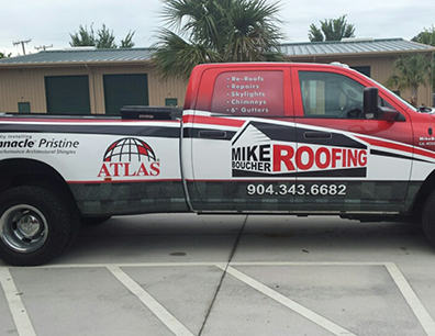 Mike Boucher Roofing truck wrap