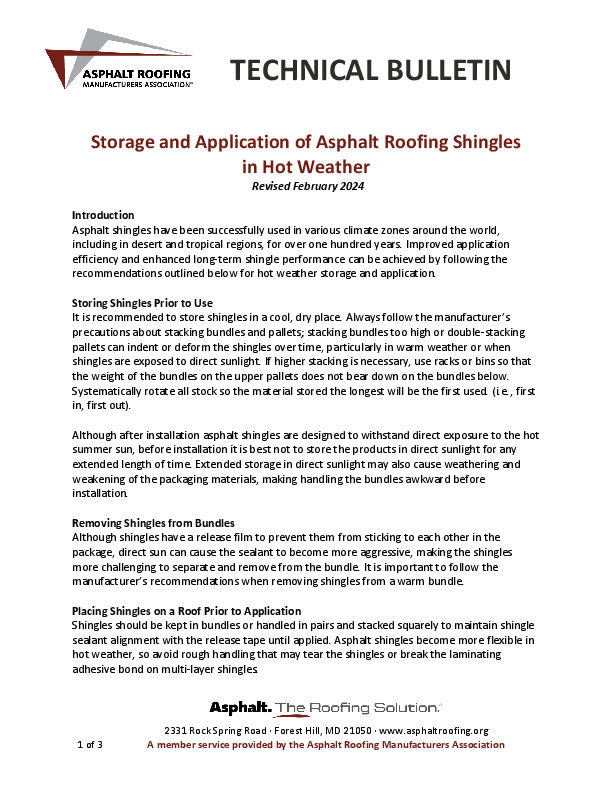 ARMA Storage & Application of Asphalt Roofing Shingles in Hot Weather