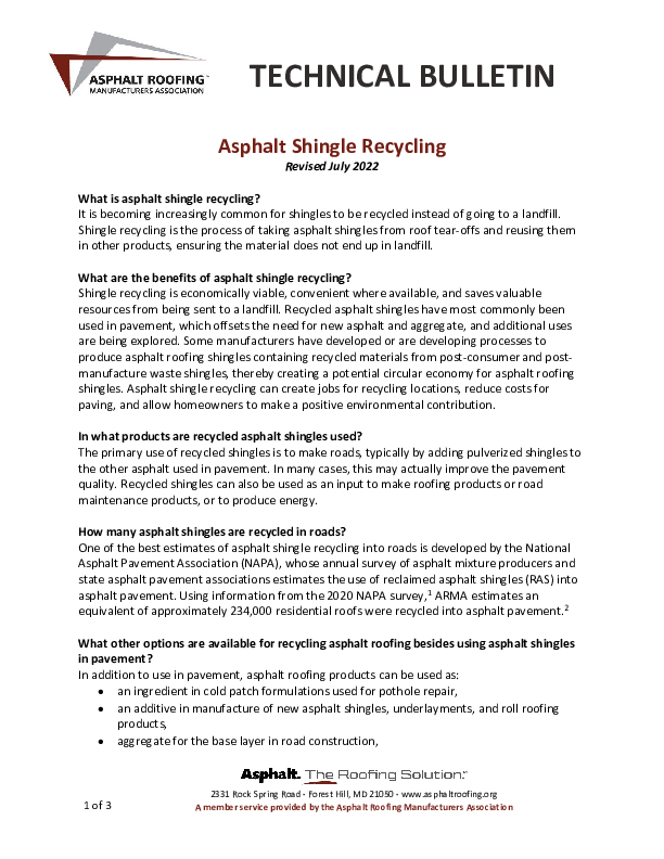 ARMA Asphalt Shingle Recycling