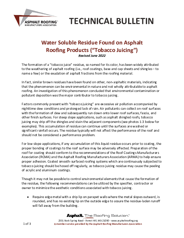 ARMA Water Soluble Residue Found on Asphalt Shingles