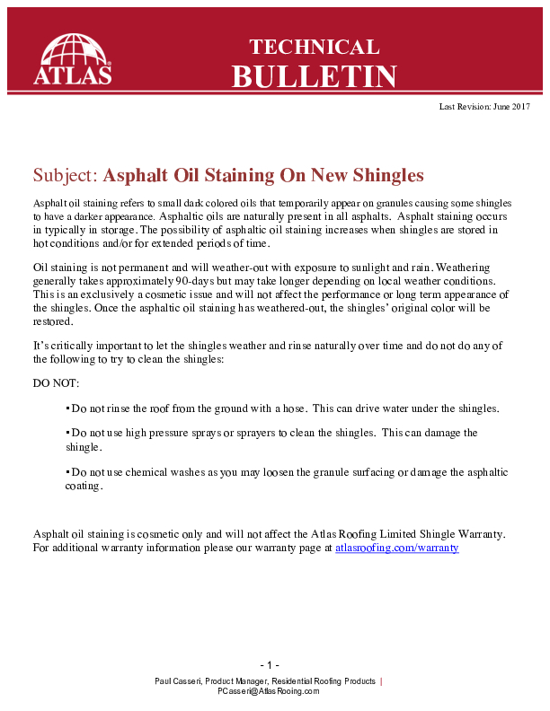 Asphalt Shingles - Oil Staining On New Shingles