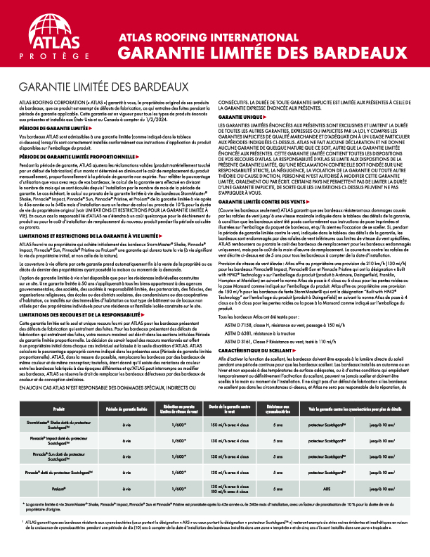 Atlas Standard Limited International Warranty French Canadian