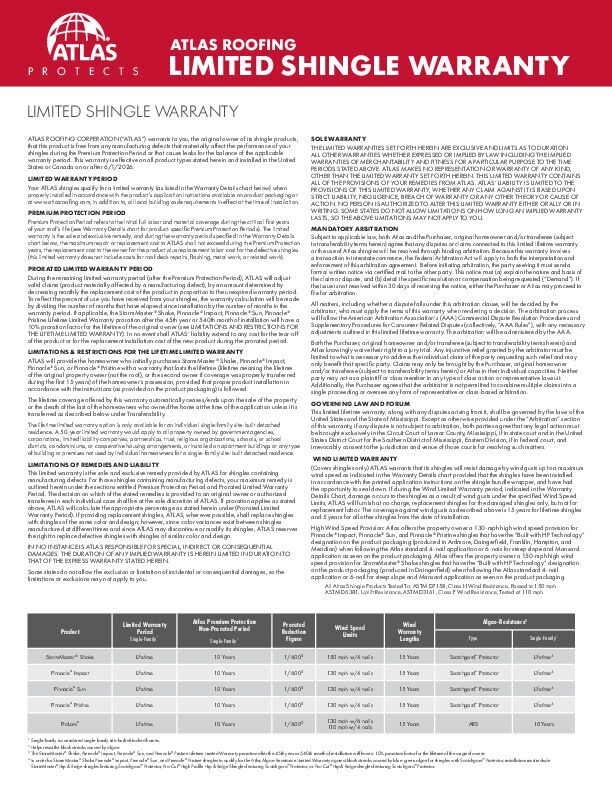 Atlas Standard Limited Shingle Warranty (Residential)