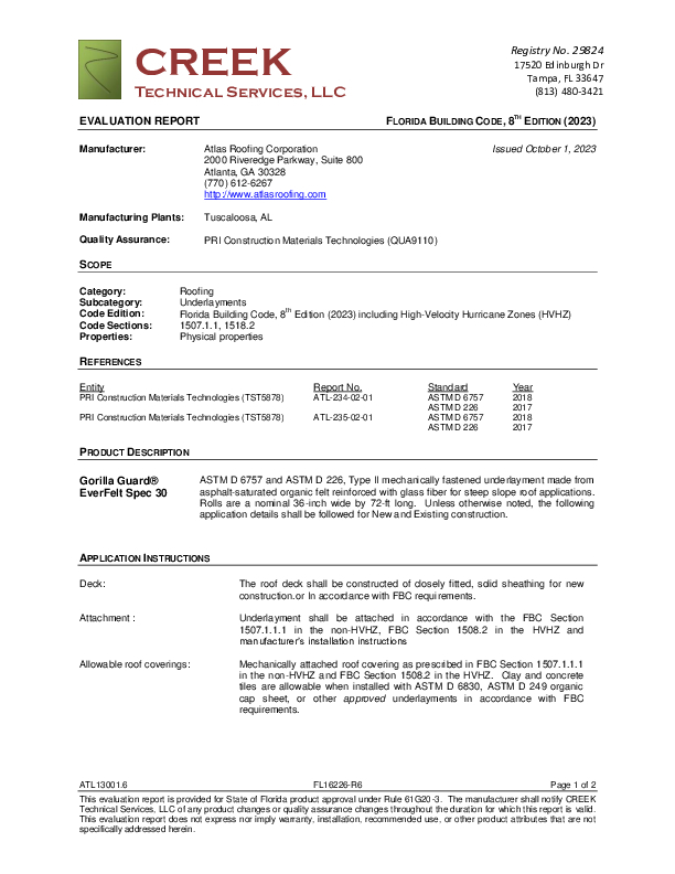 Florida Building Approval Report (GorillaGuard - FL 16226)