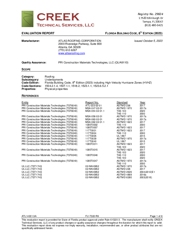Florida Building Approval Report (WeatherMaster, Felt - FL 17322)