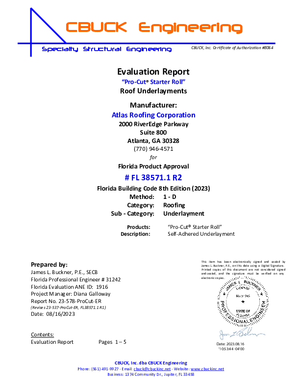 Florida Building Approval Report (Pro-Cut Starter Roll - FL 38571)