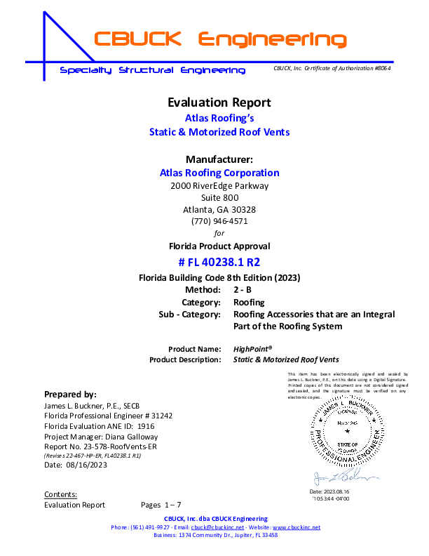 Florida Building Approval Report (HIGHPOINT Power HT Roof Vent - Fl 40238)