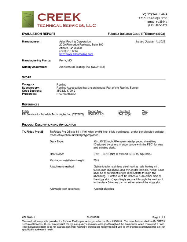 Florida Building Approval Report (TruRidge Pro 25 - FL 40527)