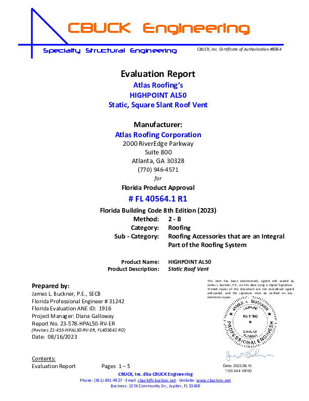 Florida Building Approval Report (HIGHPOINT AL50 Roof Vent - FL 40564)