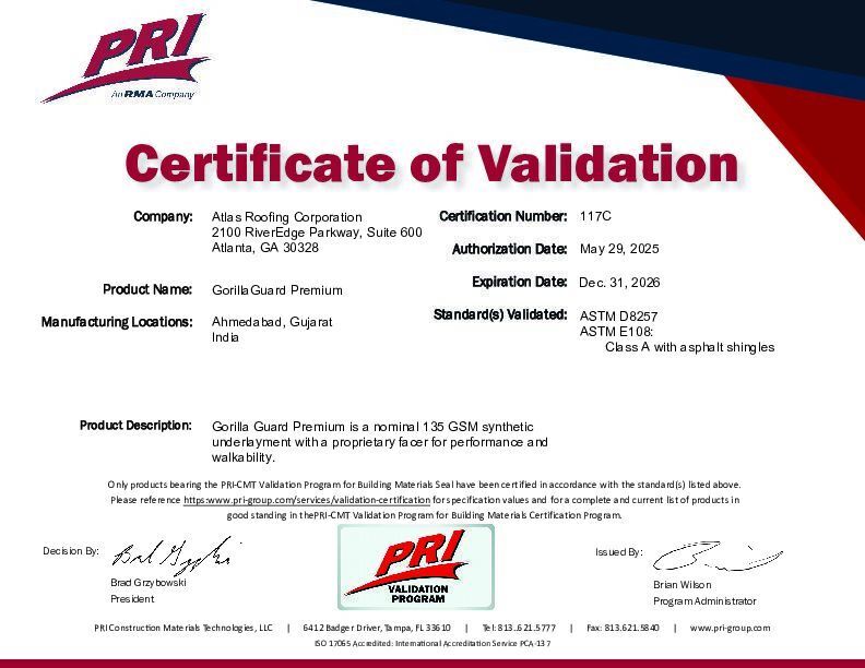 Florida Building Code Approval Certificate (Gorilla Guard Synthetic - FL 47540)