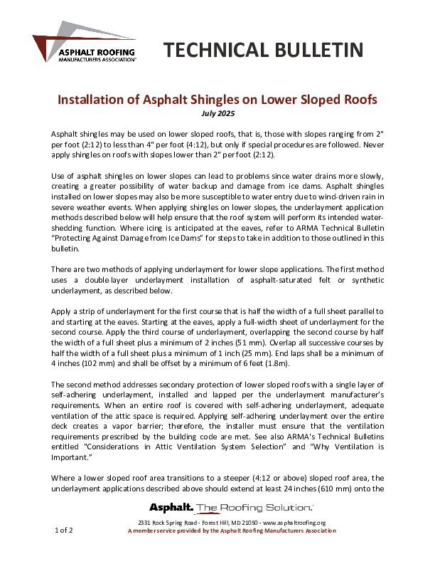 ARMA Installation of Asphalt Shingles on Lower Sloped Roofs