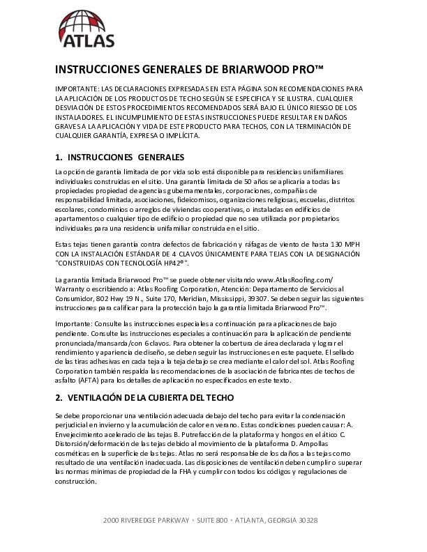 Instrucciones de instalación de Briarwood Pro - (Briarwood Pro Installation Instructions)