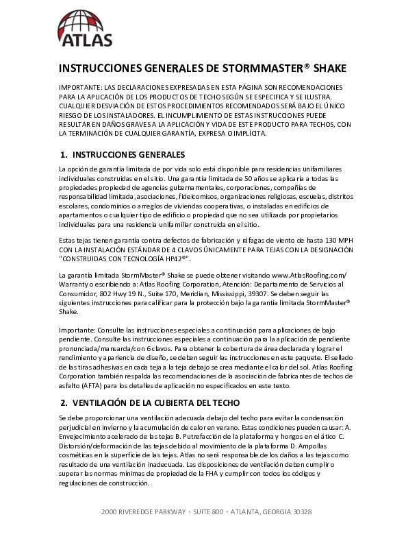 Instrucciones de instalación de StormMaster Shake - (StormMaster Shake Installation Instructions)