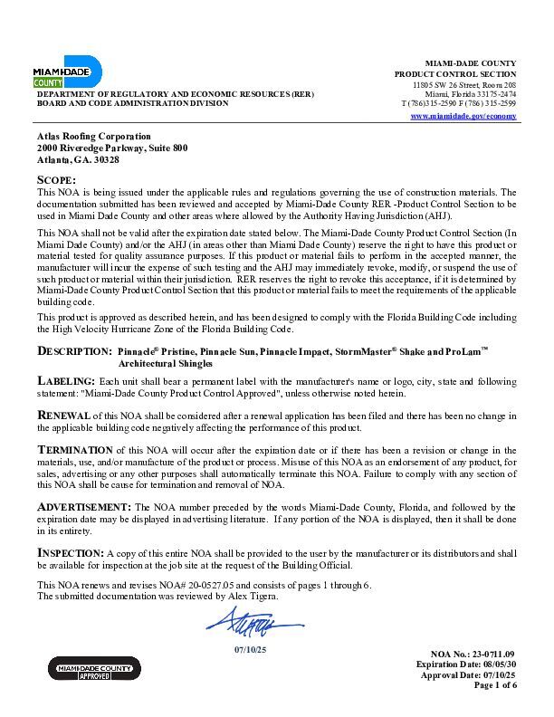 Miami-Dade (NOA) - Atlas Architectural Shingles