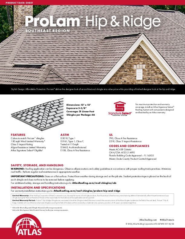 ProLam Hip & Ridge Southeast Regional Colors Data Sheet