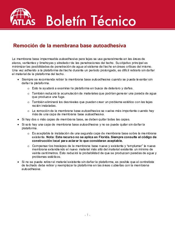 Remoción y reemplazo de contrapiso autoadhesivo - (Self Adhered Underlayment Removal Replacement)