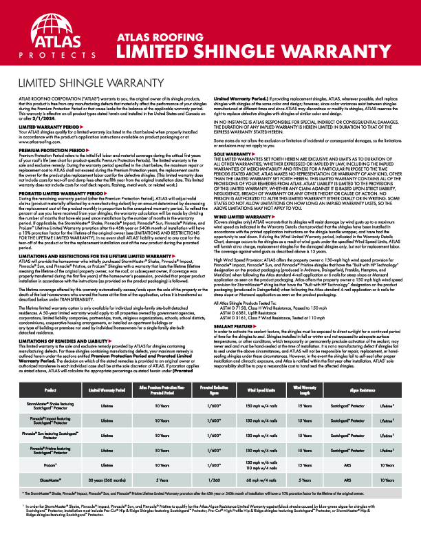 Atlas Standard Limited Shingle Warranty (Residential)