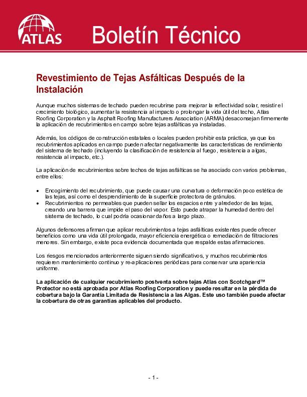 Revestimiento de Tejas Asfa lticas Despue s de la Instalacion (Coating of Asphalt Shingles)