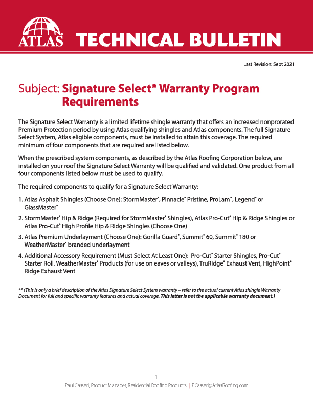 Signature Select Warranty Requirements
