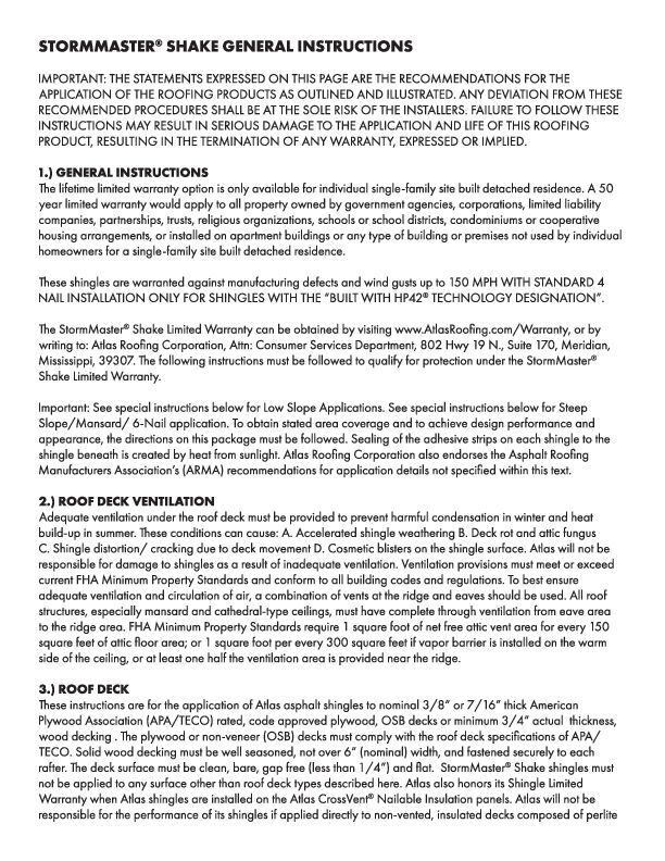 StormMaster Shake Installation Instructions