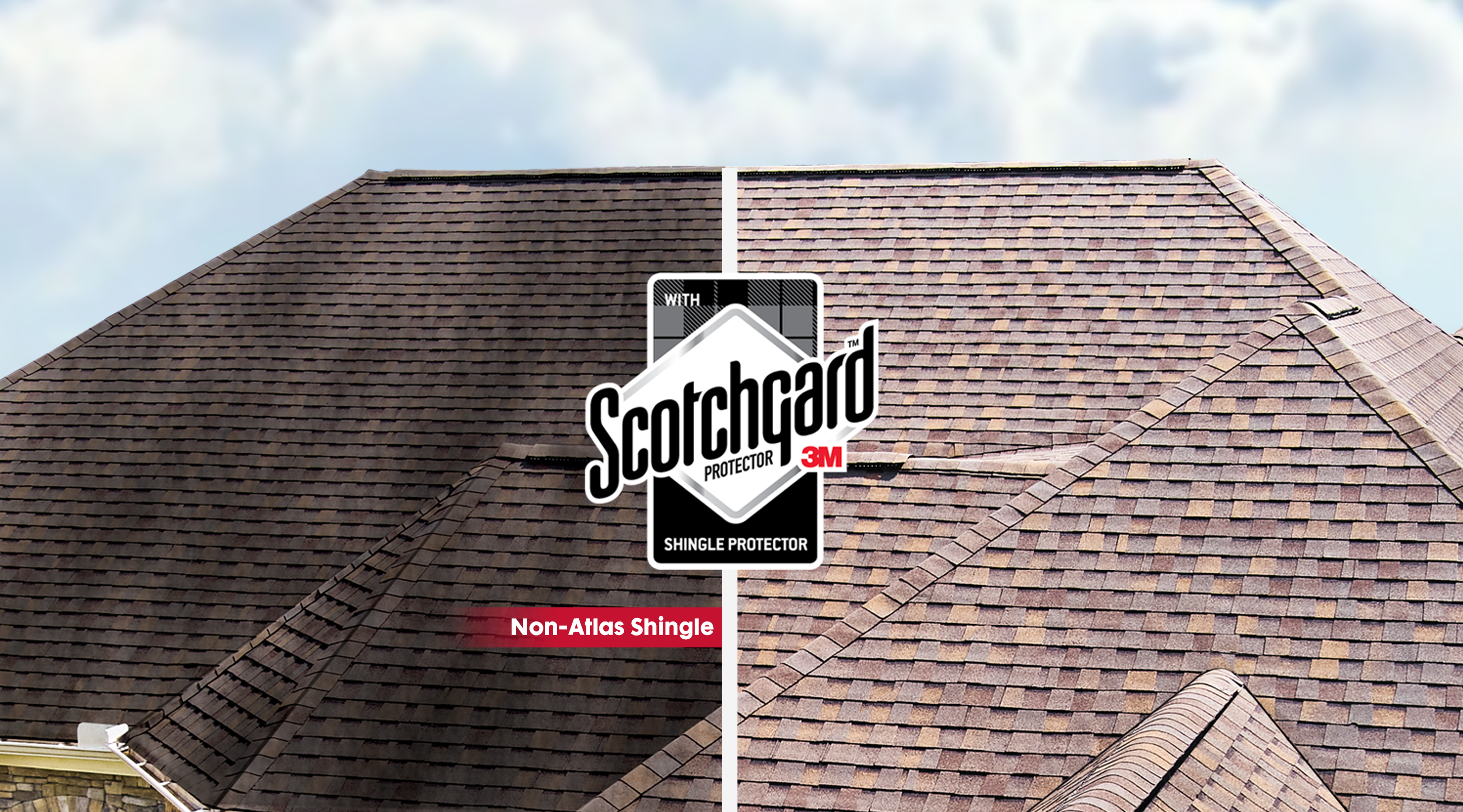 A side-by-side of a roof with Scotchgard algae protection vs. a roof without.